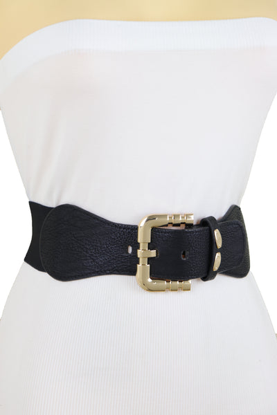 Brand New Women Black Faux Leather Elastic Waist Hip Belt Gold Metal Square Buckle Fit S M