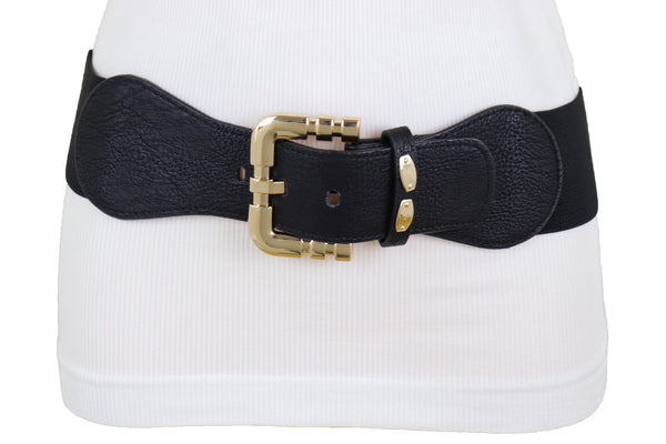 Brand New Women Black Faux Leather Elastic Waist Hip Belt Gold Metal Square Buckle Fit S M
