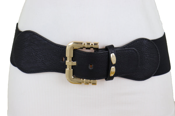 Brand New Women Black Faux Leather Elastic Waist Hip Belt Gold Metal Square Buckle Fit S M
