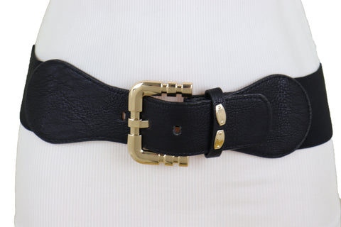 Brand New Women Black Faux Leather Elastic Waist Hip Belt Gold Metal Square Buckle Fit S M