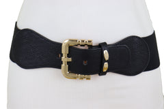 Black Faux Leather Elastic Waist Hip Belt Gold Metal Square Buckle Fit S M