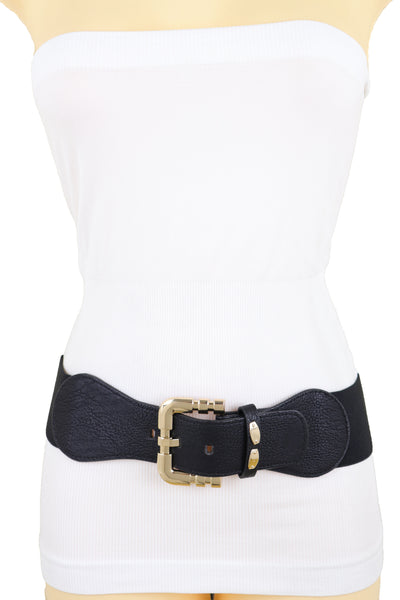 Brand New Women Black Faux Leather Elastic Waist Hip Belt Gold Metal Square Buckle Fit S M