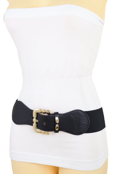 Brand New Women Black Faux Leather Elastic Waist Hip Belt Gold Metal Square Buckle Fit S M