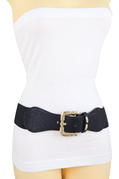 Brand New Women Black Faux Leather Elastic Waist Hip Belt Gold Metal Square Buckle Fit S M