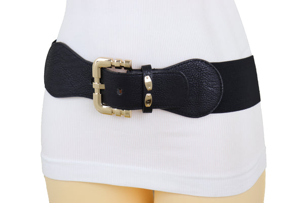 Brand New Women Black Faux Leather Elastic Waist Hip Belt Gold Metal Square Buckle Fit S M