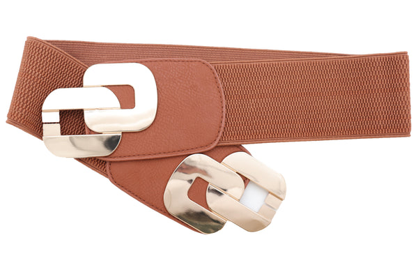 Brand New Women Stretch Brown Waistband Fashion Wide Belt Gold Metal Chain Link Buckle M L