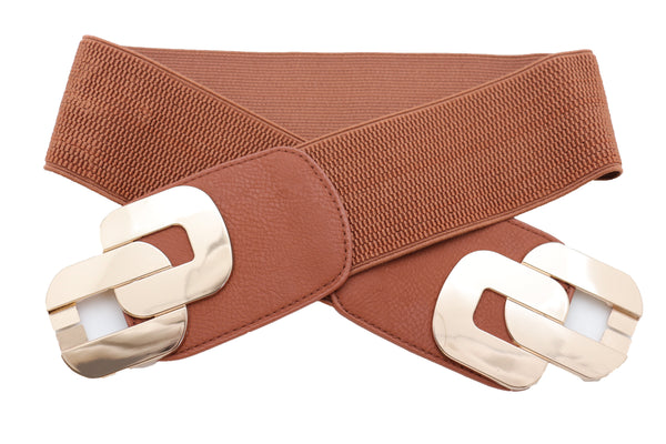 Brand New Women Stretch Brown Waistband Fashion Wide Belt Gold Metal Chain Link Buckle M L