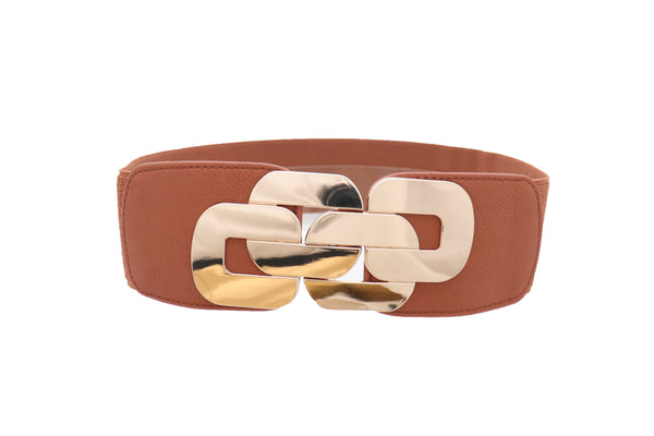 Brand New Women Stretch Brown Waistband Fashion Wide Belt Gold Metal Chain Link Buckle M L