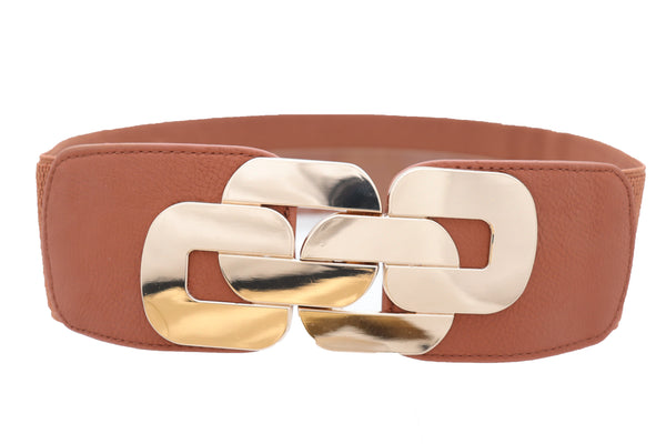 Brand New Women Stretch Brown Waistband Fashion Wide Belt Gold Metal Chain Link Buckle M L