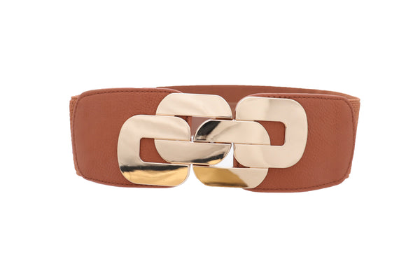 Brand New Women Stretch Brown Waistband Fashion Wide Belt Gold Metal Chain Link Buckle M L