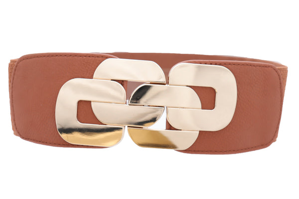Brand New Women Stretch Brown Waistband Fashion Wide Belt Gold Metal Chain Link Buckle M L