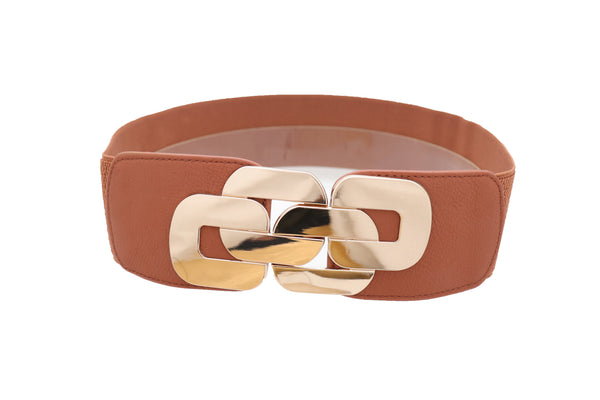 Brand New Women Stretch Brown Waistband Fashion Wide Belt Gold Metal Chain Link Buckle M L