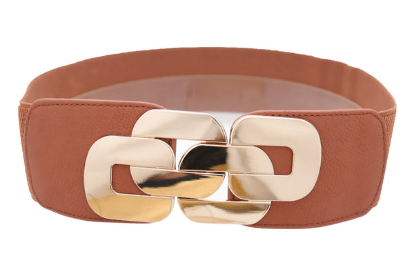 Brand New Women Stretch Brown Waistband Fashion Wide Belt Gold Metal Chain Link Buckle M L