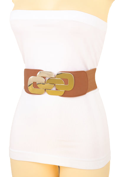 Brand New Women Stretch Brown Waistband Fashion Wide Belt Gold Metal Chain Link Buckle M L