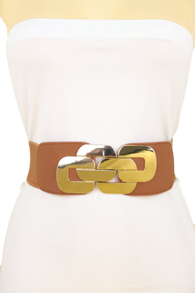 Brand New Women Stretch Brown Waistband Fashion Wide Belt Gold Metal Chain Link Buckle M L