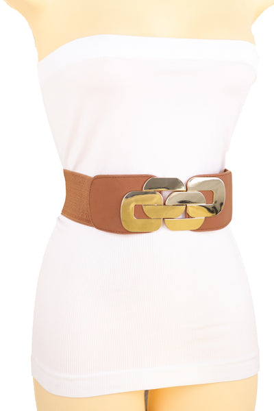 Brand New Women Stretch Brown Waistband Fashion Wide Belt Gold Metal Chain Link Buckle M L