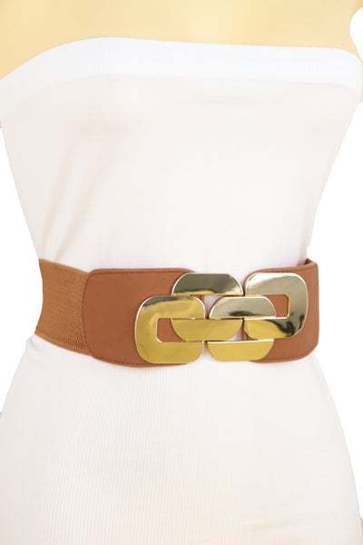 Brand New Women Stretch Brown Waistband Fashion Wide Belt Gold Metal Chain Link Buckle M L
