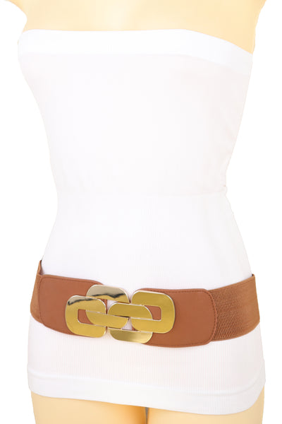 Brand New Women Stretch Brown Waistband Fashion Wide Belt Gold Metal Chain Link Buckle M L