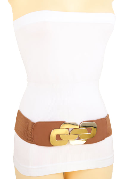 Brand New Women Stretch Brown Waistband Fashion Wide Belt Gold Metal Chain Link Buckle M L