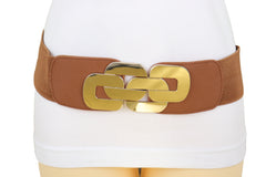Stretch Brown Waistband Fashion Wide Belt Gold Metal Chain Link Buckle M L