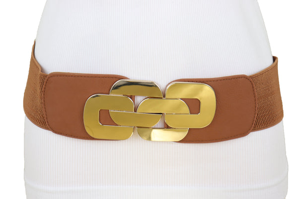 Brand New Women Stretch Brown Waistband Fashion Wide Belt Gold Metal Chain Link Buckle M L