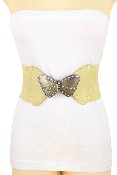 Brand New Women Fashion Wide Elastic Waistband Gold Belt Butterfly Metal Buckle Fit Size S M