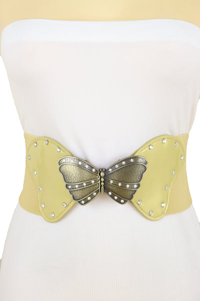 Brand New Women Fashion Wide Elastic Waistband Gold Belt Butterfly Metal Buckle Fit Size S M
