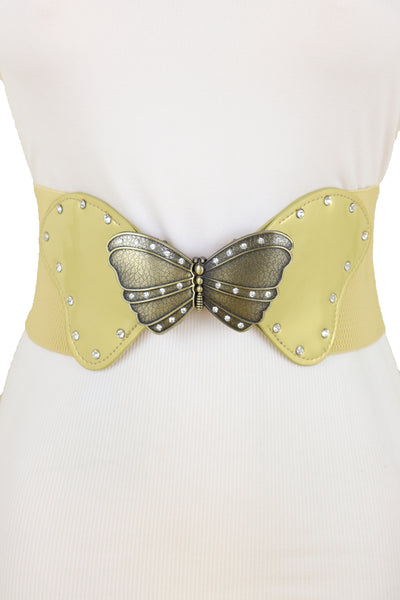 Brand New Women Fashion Wide Elastic Waistband Gold Belt Butterfly Metal Buckle Fit Size S M