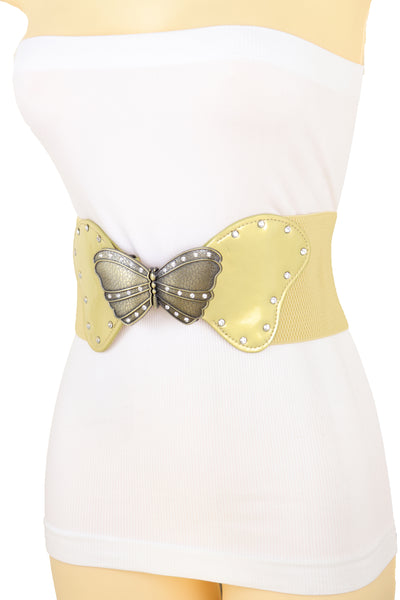 Brand New Women Fashion Wide Elastic Waistband Gold Belt Butterfly Metal Buckle Fit Size S M
