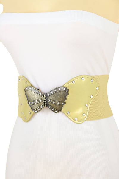 Brand New Women Fashion Wide Elastic Waistband Gold Belt Butterfly Metal Buckle Fit Size S M
