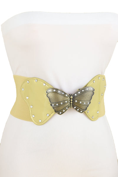 Brand New Women Fashion Wide Elastic Waistband Gold Belt Butterfly Metal Buckle Fit Size S M