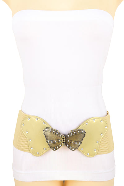 Brand New Women Fashion Wide Elastic Waistband Gold Belt Butterfly Metal Buckle Fit Size S M