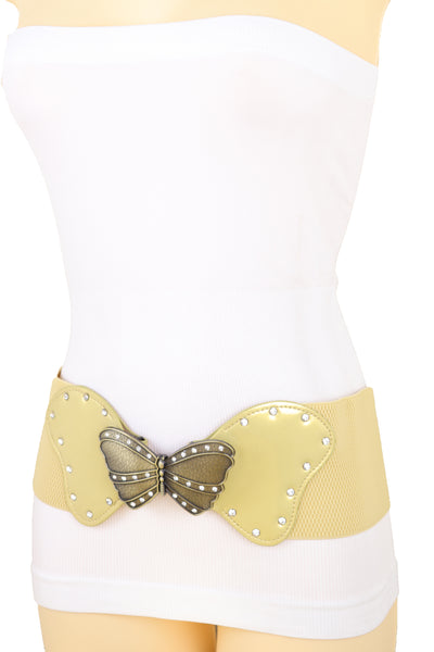 Brand New Women Fashion Wide Elastic Waistband Gold Belt Butterfly Metal Buckle Fit Size S M