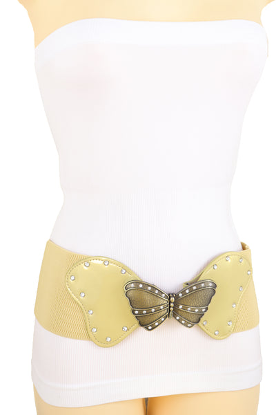 Brand New Women Fashion Wide Elastic Waistband Gold Belt Butterfly Metal Buckle Fit Size S M