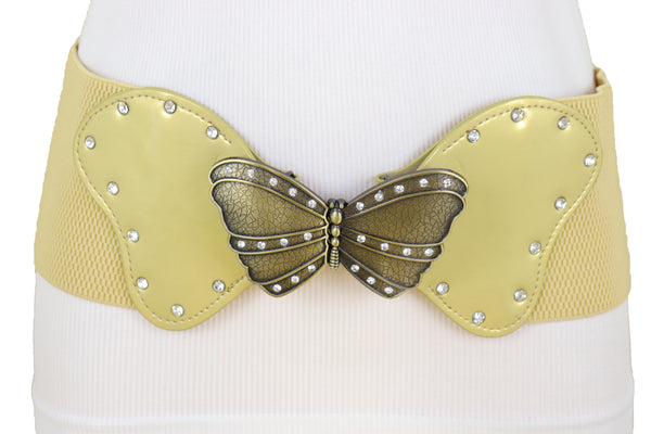 Brand New Women Fashion Wide Elastic Waistband Gold Belt Butterfly Metal Buckle Fit Size S M