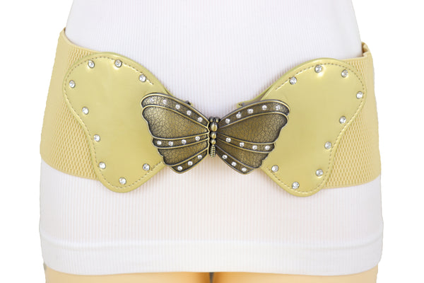 Brand New Women Fashion Wide Elastic Waistband Gold Belt Butterfly Metal Buckle Fit Size S M