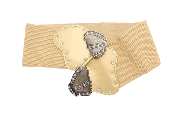 Brand New Women Fashion Wide Elastic Waistband Gold Belt Butterfly Metal Buckle Fit Size S M