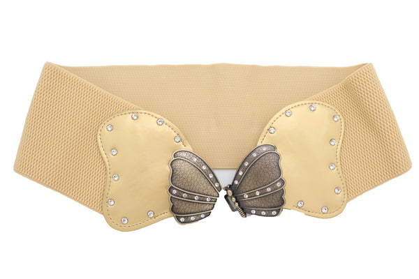 Brand New Women Fashion Wide Elastic Waistband Gold Belt Butterfly Metal Buckle Fit Size S M