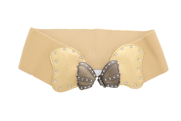 Brand New Women Fashion Wide Elastic Waistband Gold Belt Butterfly Metal Buckle Fit Size S M