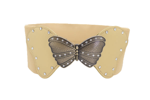 Brand New Women Fashion Wide Elastic Waistband Gold Belt Butterfly Metal Buckle Fit Size S M