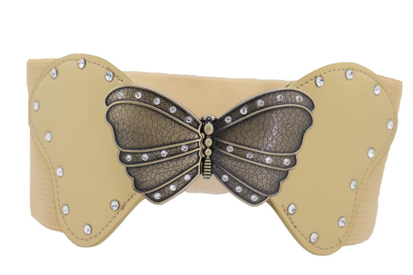 Brand New Women Fashion Wide Elastic Waistband Gold Belt Butterfly Metal Buckle Fit Size S M