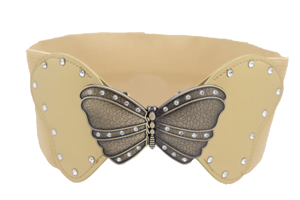Brand New Women Fashion Wide Elastic Waistband Gold Belt Butterfly Metal Buckle Fit Size S M
