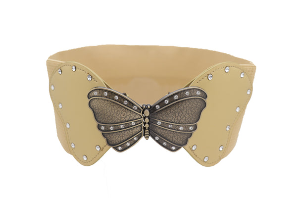 Brand New Women Fashion Wide Elastic Waistband Gold Belt Butterfly Metal Buckle Fit Size S M