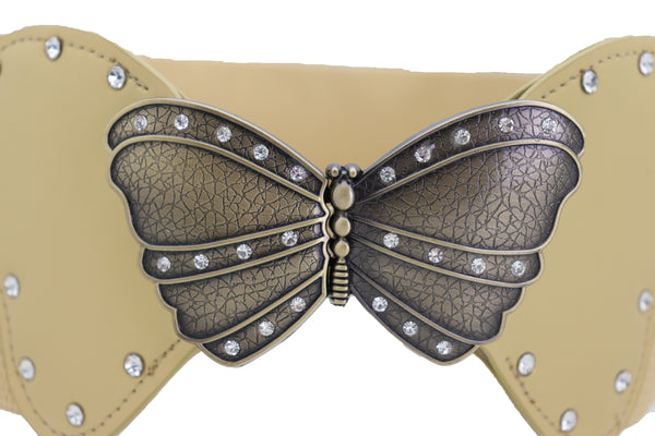 Brand New Women Fashion Wide Elastic Waistband Gold Belt Butterfly Metal Buckle Fit Size S M