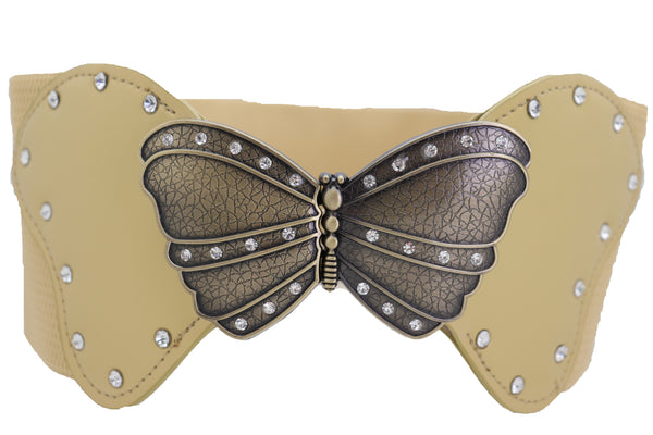 Brand New Women Fashion Wide Elastic Waistband Gold Belt Butterfly Metal Buckle Fit Size S M