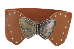 Women Brown Elastic Wide Waistband Fashion Belt Bling Butterfly Buckle Size S M