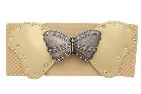 Brand New Women Fashion Wide Elastic Waistband Gold Belt Butterfly Metal Buckle Fit Size S M