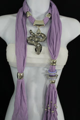 Women Lavender Fashion Scarf Fabric Silver Metal Snake Pendant Necklace Lilac - alwaystyle4you - 1