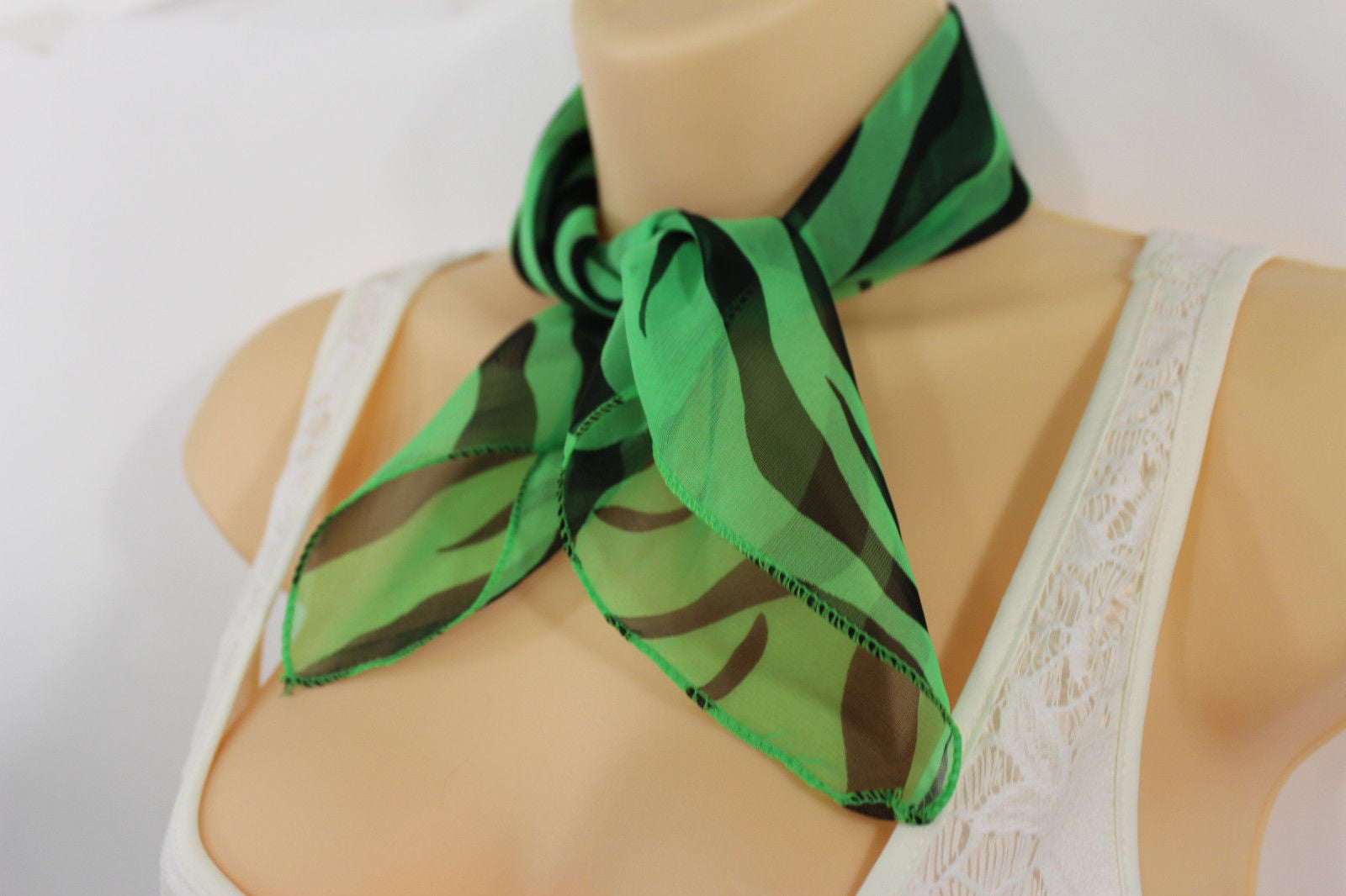 Green Neck Scarf Fabric Black Zebra Animal Print Pocket Square Women Fashion - alwaystyle4you - 1