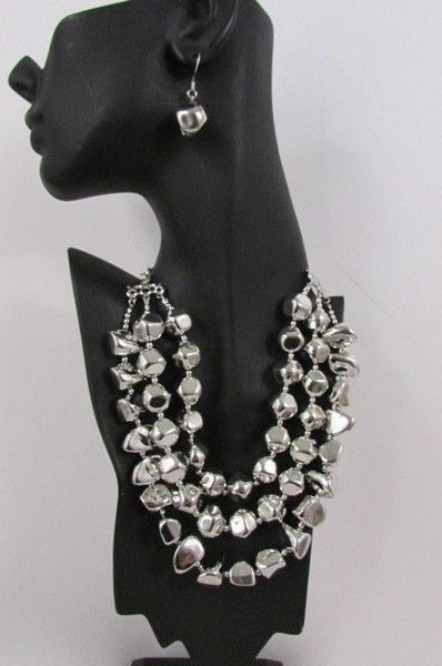 Long Shiny Silver Plastic Beads 3 Strands Fashion Necklace + Earring Set New Women - alwaystyle4you - 6